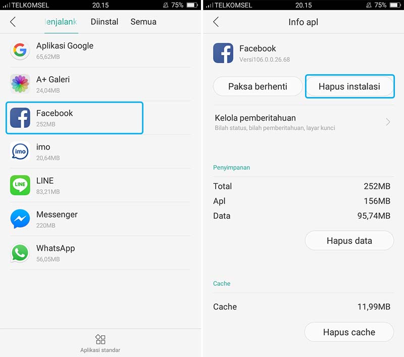 Hapus Aplikasi Facebook