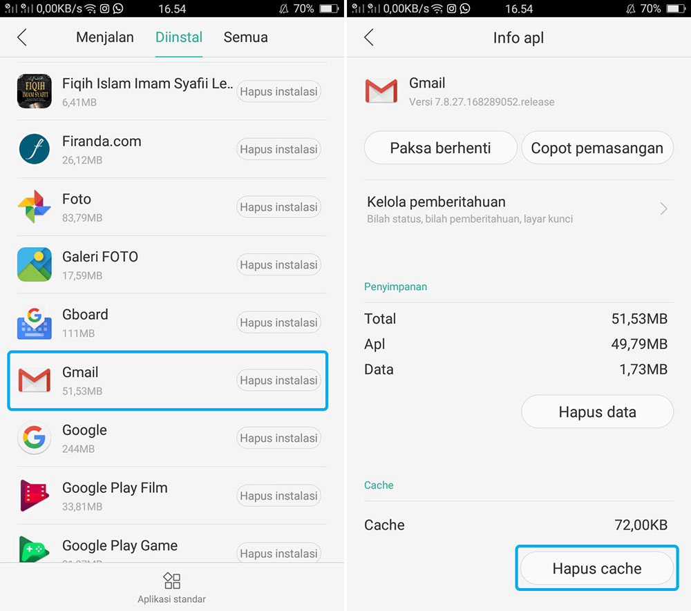 Hapus Cache Gmail