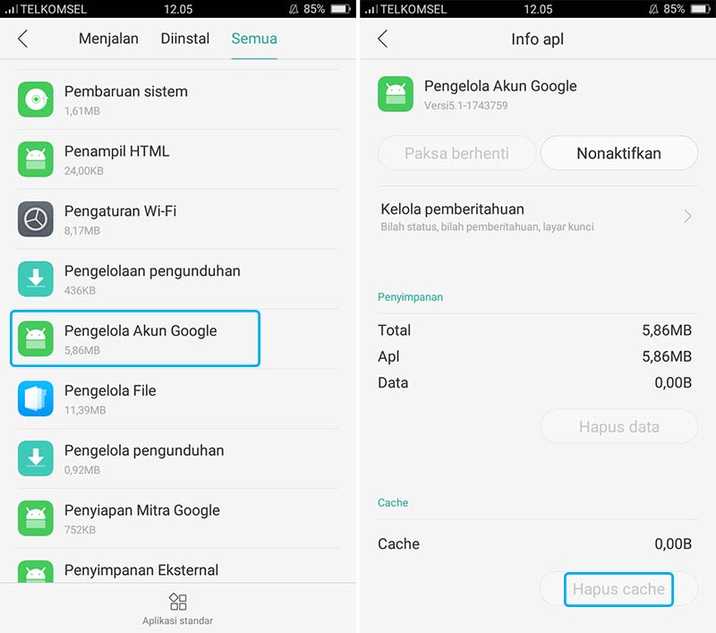 Hapus Cache Pengelola Akun Google