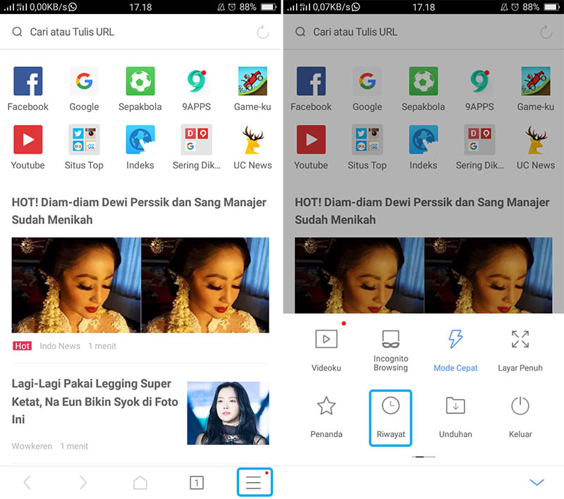 Hapus Riwayat Pencarian UC Browser