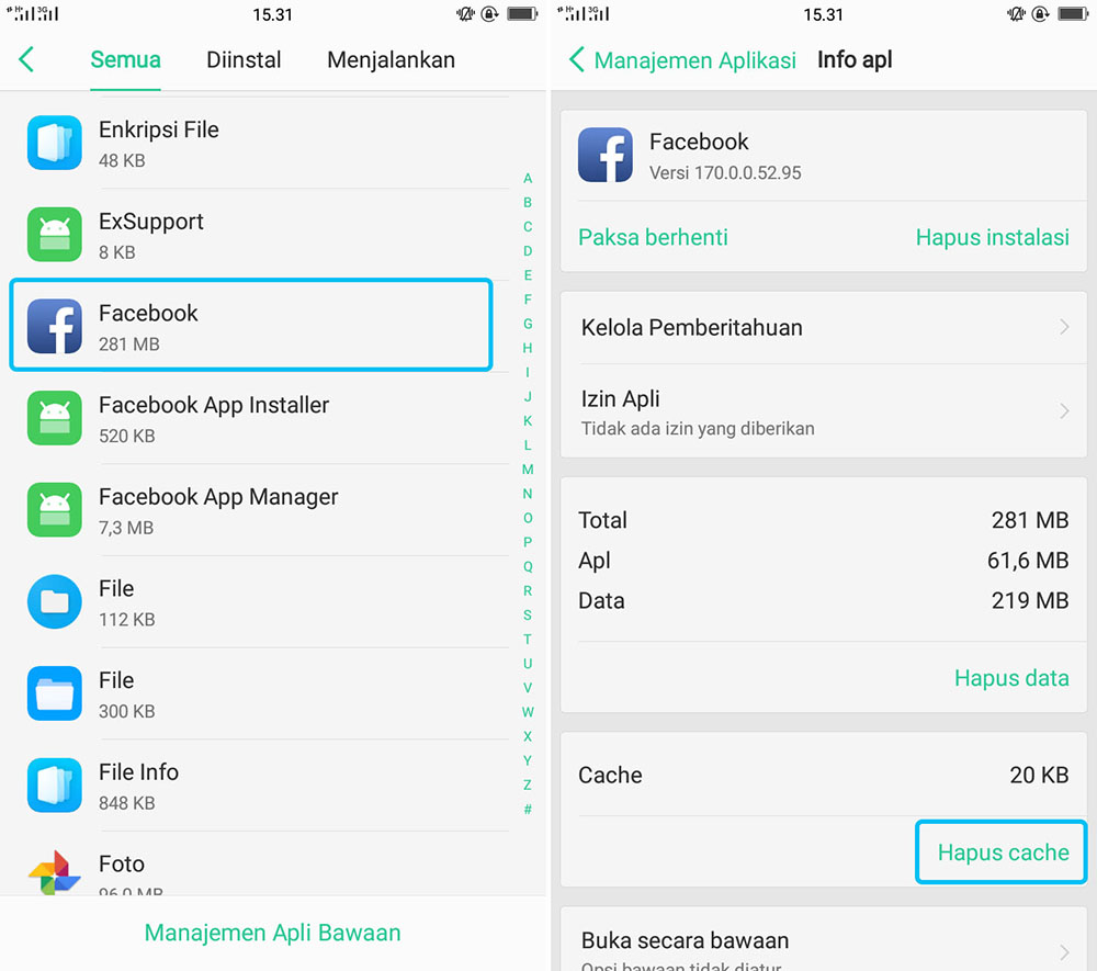 Hapus Cache Aplikasi OPPO A71