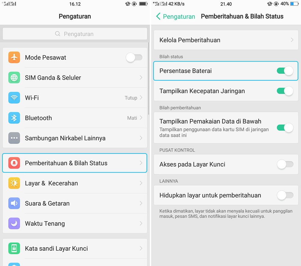 Persentase Baterai OPPO A71