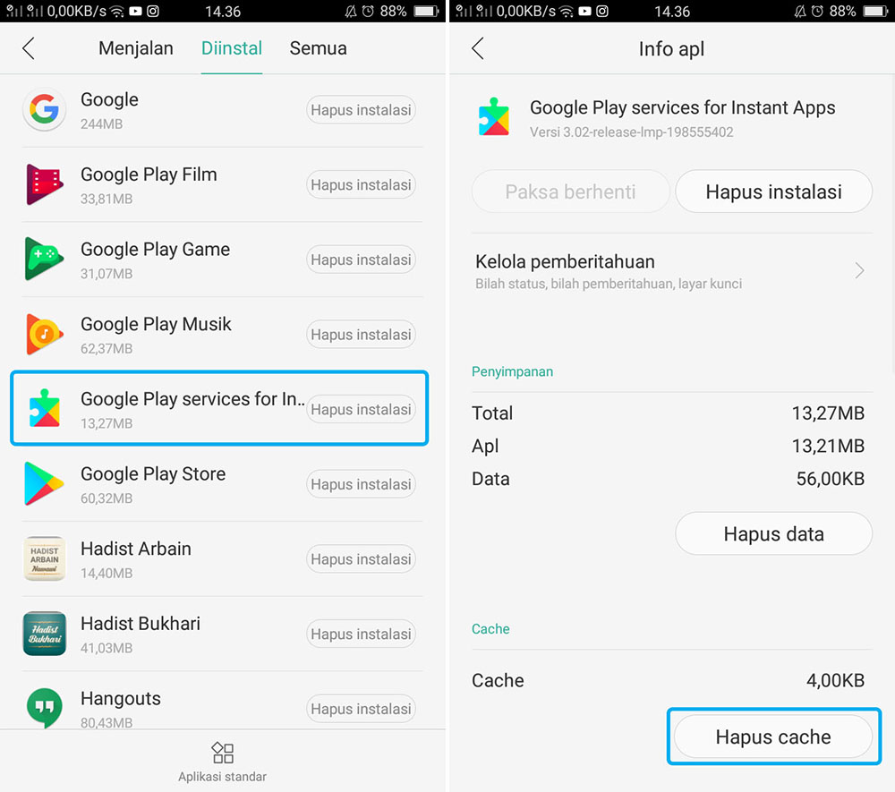 Hapus Cache Google Play Service For Instant Apps OPPO