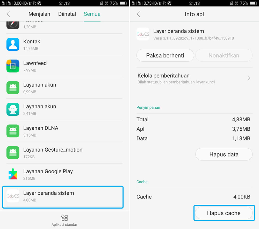 Hapus Cache Layar Beranda Sistem OPPO