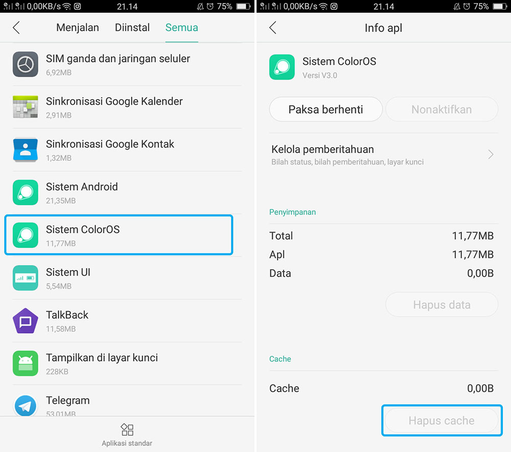 Hapus Cache Sistem ColorOS OPPO