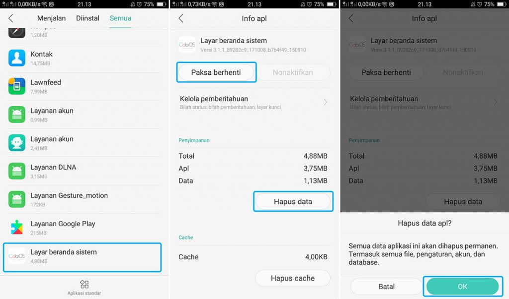 Hapus Data Layar Beranda Sistem OPPO