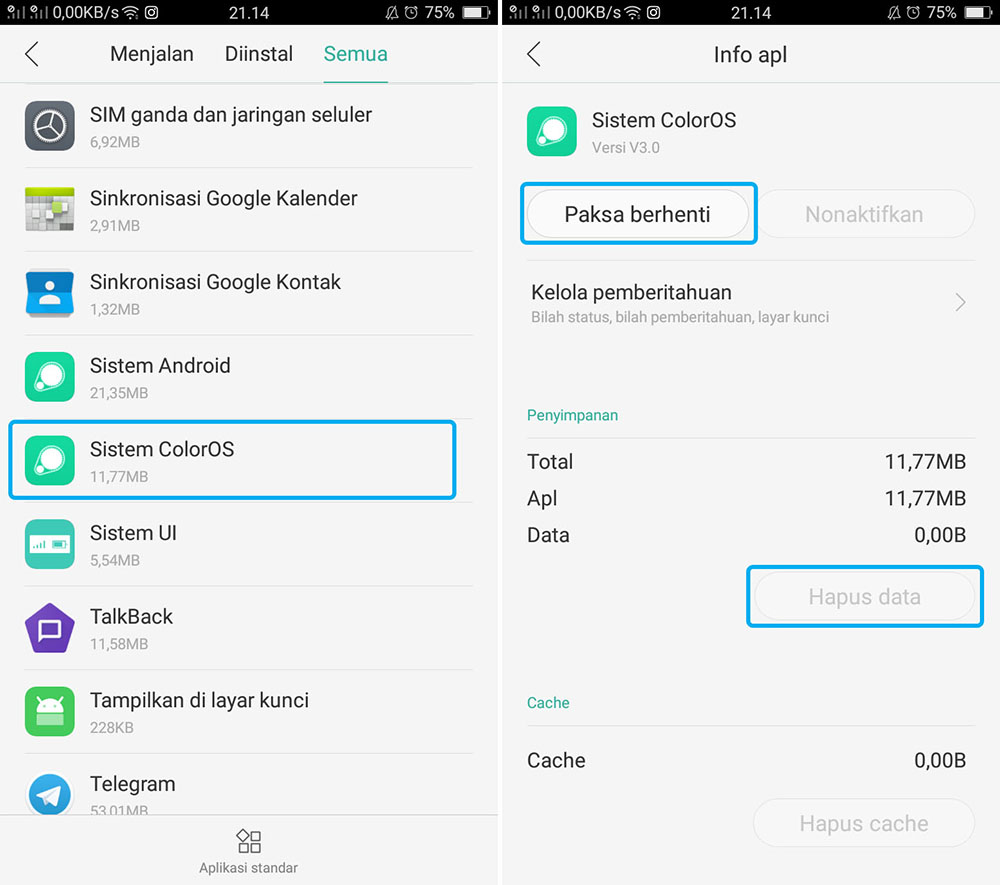 Hapus Data Sistem ColorOS OPPO