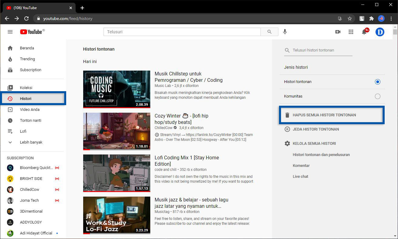 Klik Hapus Semua Histori Tontonan YouTube