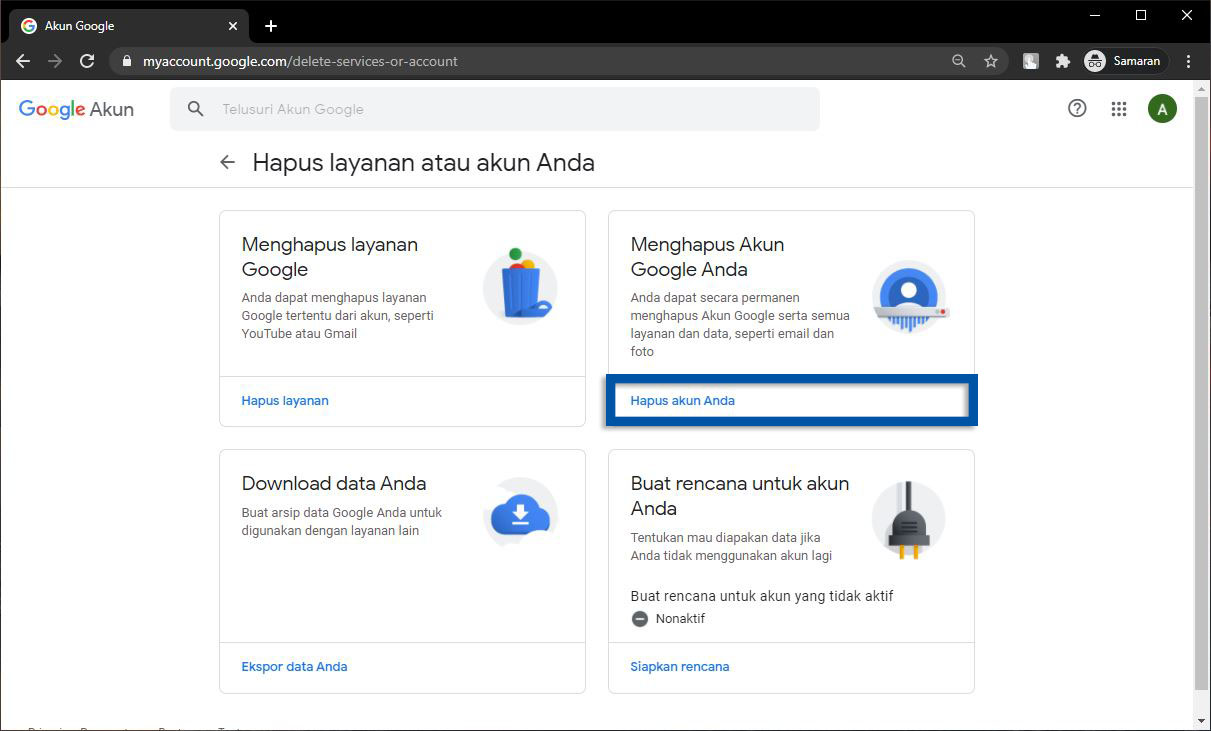 Pilih Hapus Akun Anda