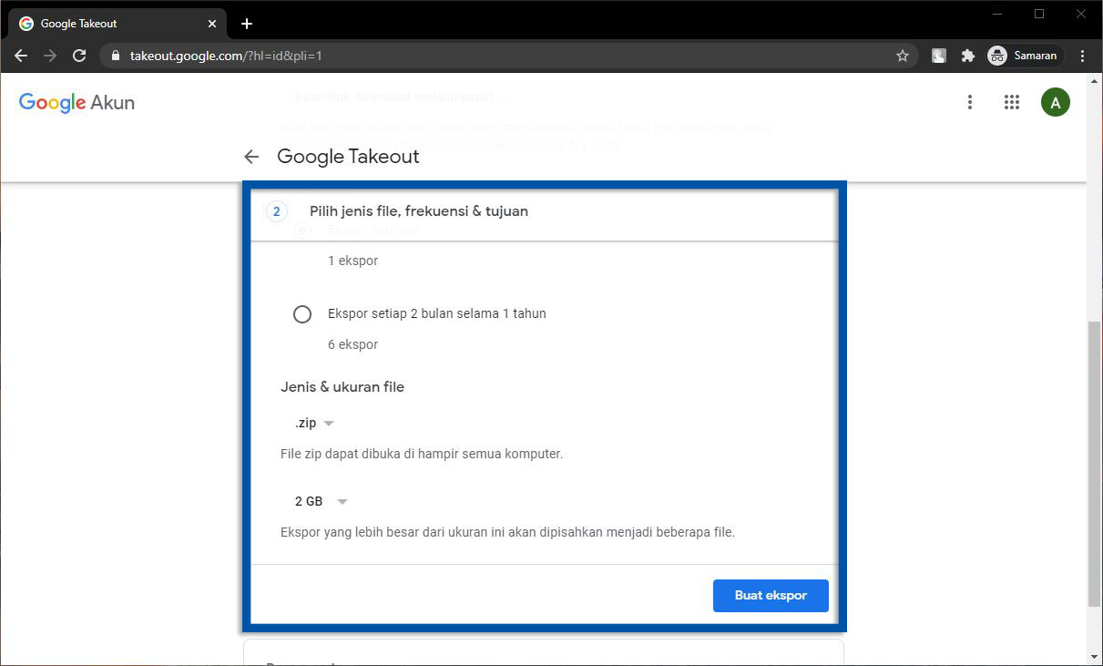 Pilih frekuensi dan jenis file backup