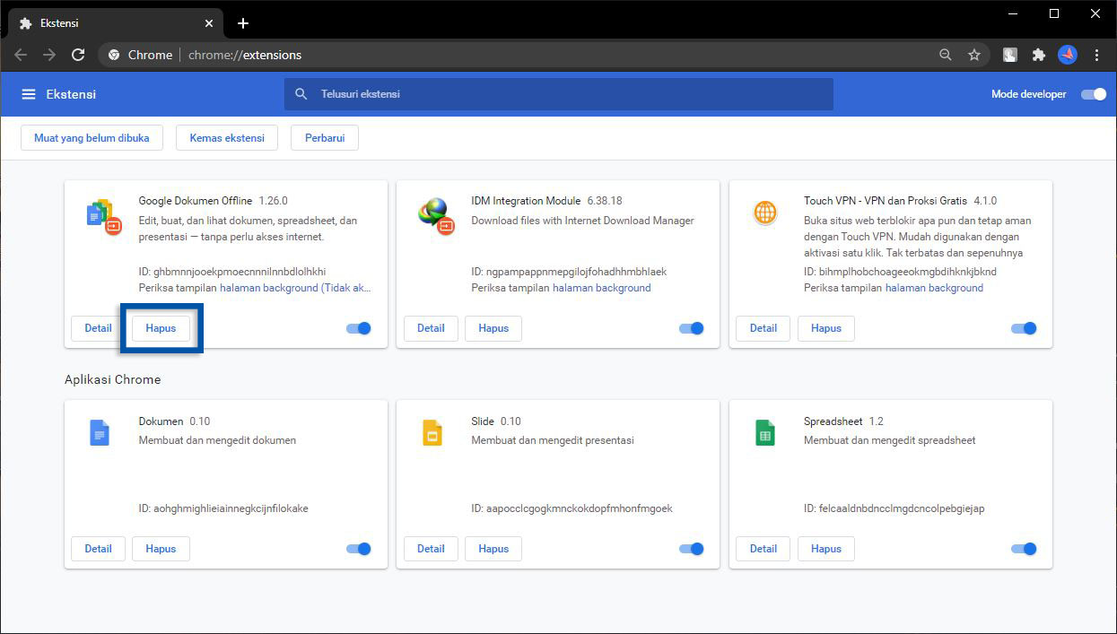 Menghapus Ekstensi Google Chrome