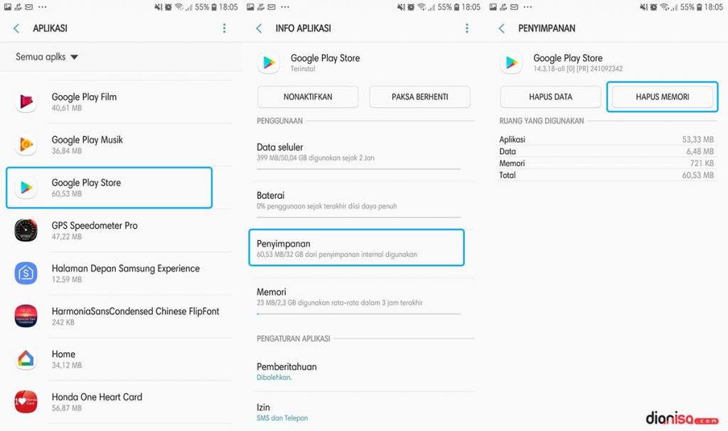 Hapus Cache Google Play Store SAMSUNG