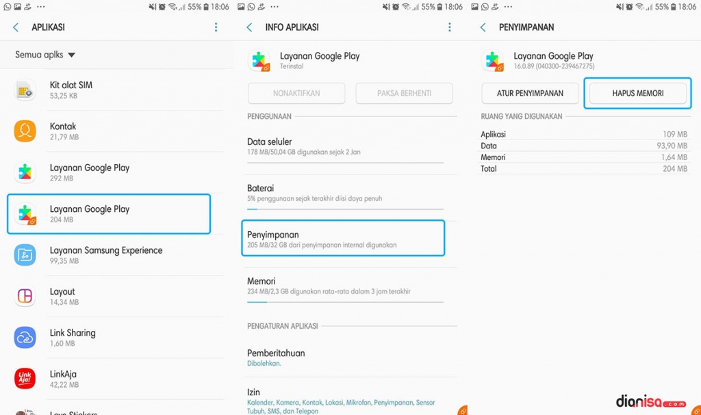 Hapus Cache Layanan Google Play SAMSUNG