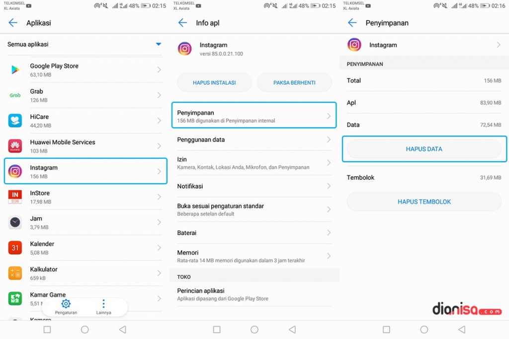 Hapus Data Aplikasi Huawei