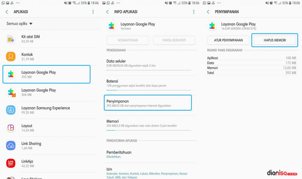 Hapus Memori Layanan Google Play SAMSUNG