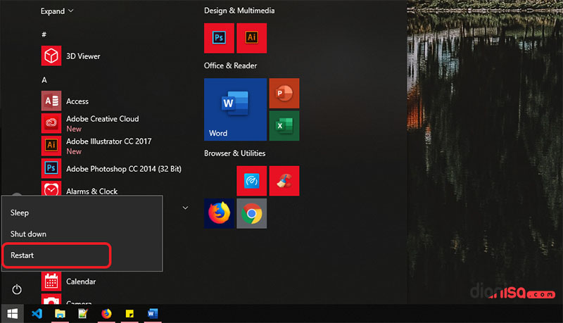 1. Restart dari Start Menu
