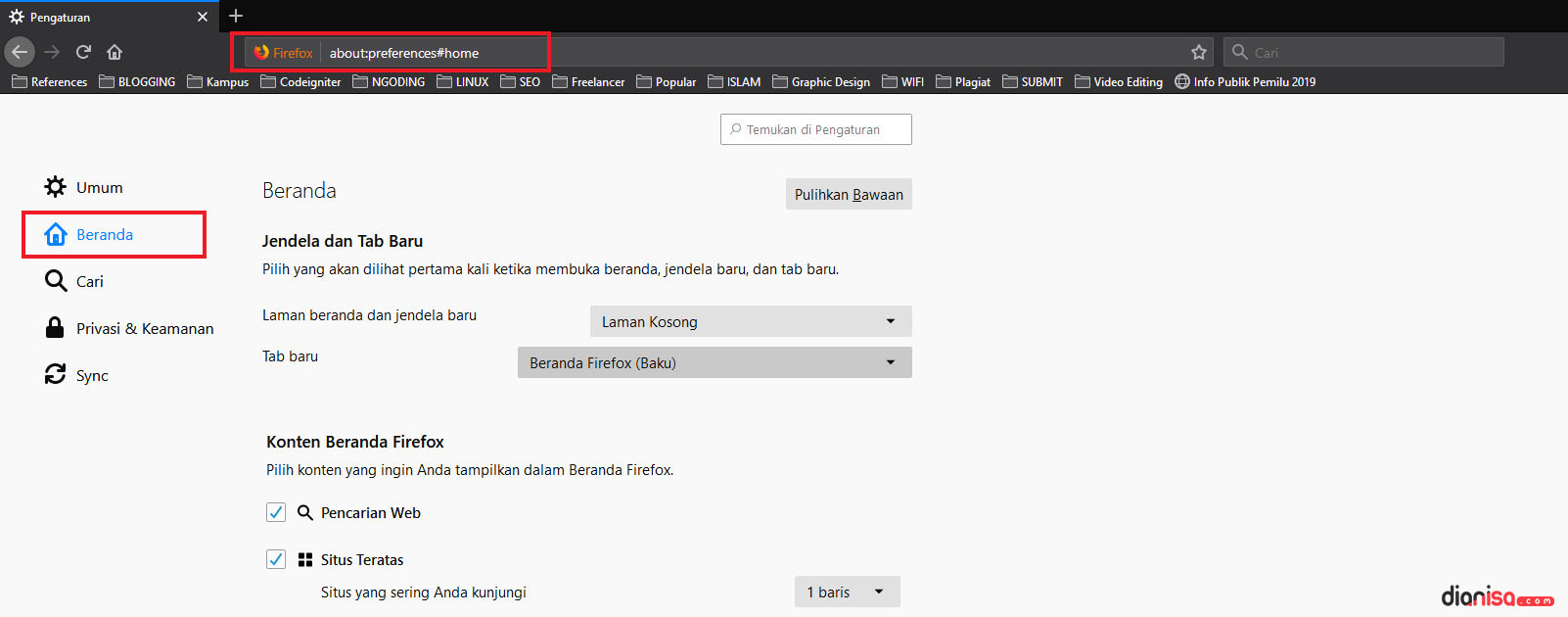 2. Menghilangkan Box Pencarian Mozilla Firefox