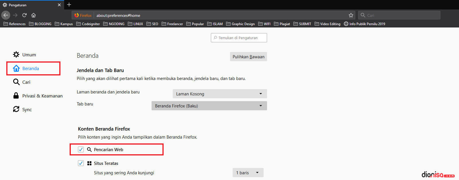 3. Hapus Box Pencarian Firefox
