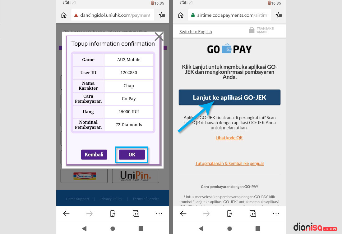 2. Top Up AU2 Mobile via Gojek