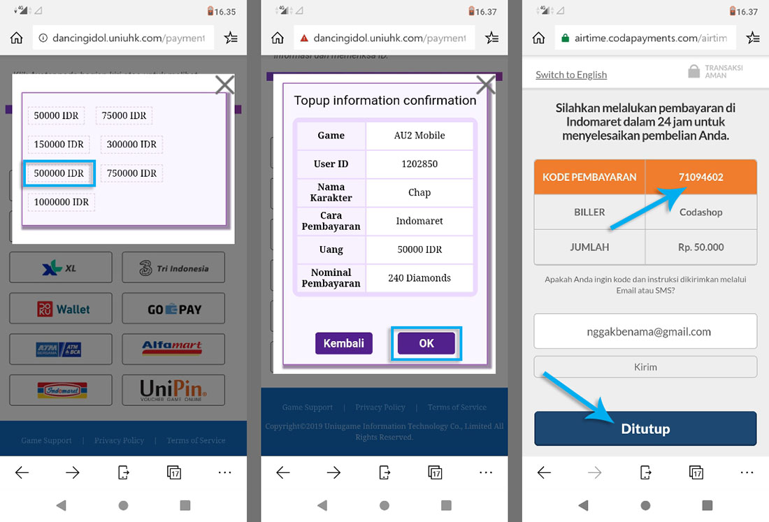 3. Top Up AU2 Mobile via Indomaret