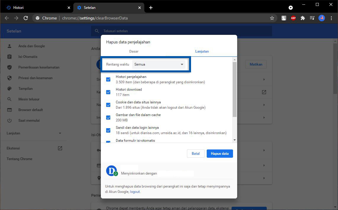 Menghapus Histori Pencarian Chrome Laptop