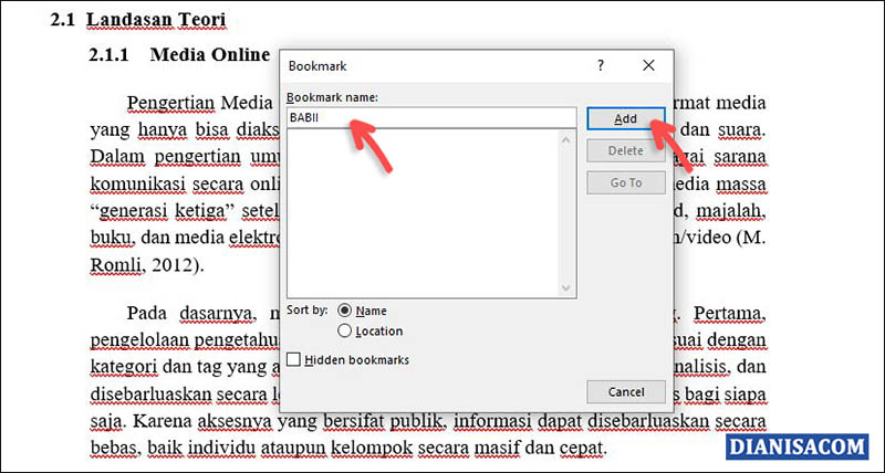 2. Membuat Hyperlink dengan Bookmark