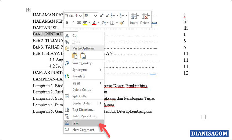 2. Menambahkan Link Daftar Isi Word
