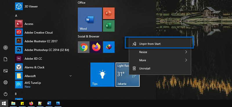 1 Menghilangkan Aplikasi dari Start Menu Windows 10