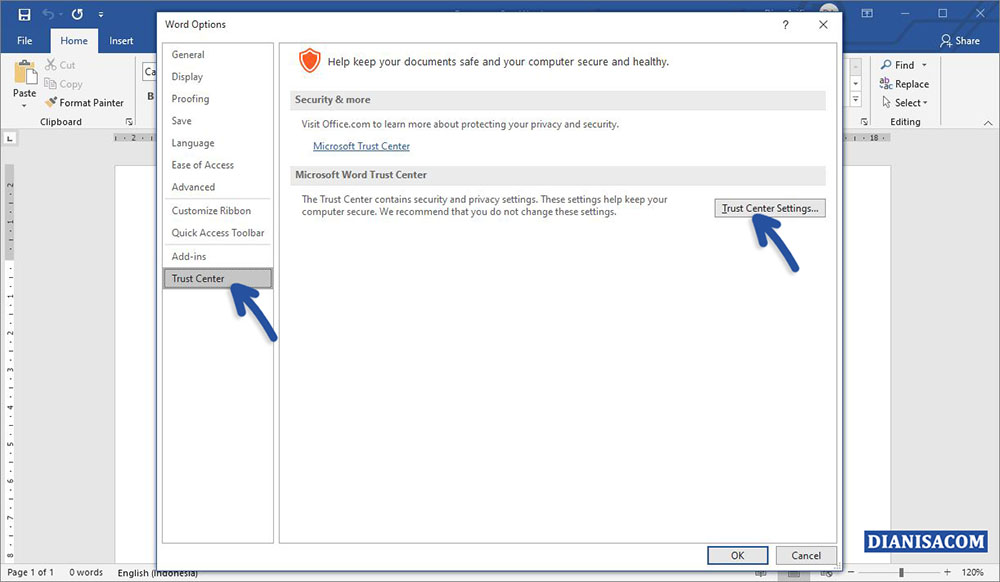 2 Pilih Trust Center Microsoft Word