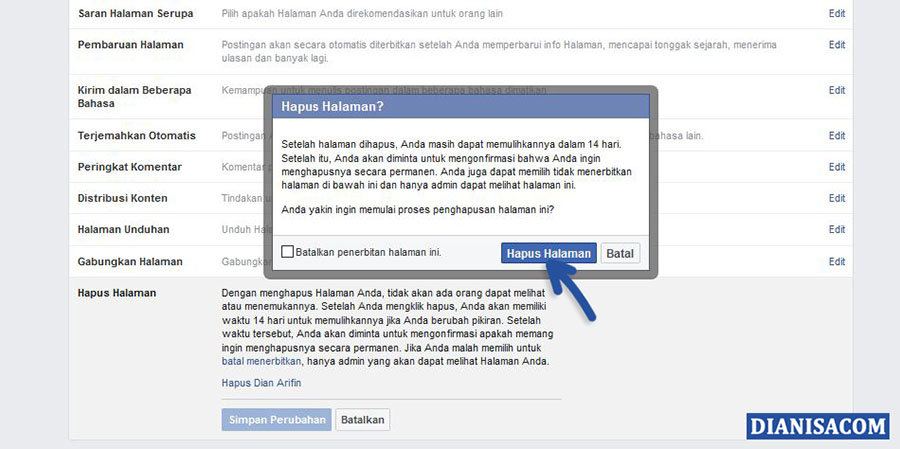 3 Konfirmasi Penghapusan Halaman Facebook