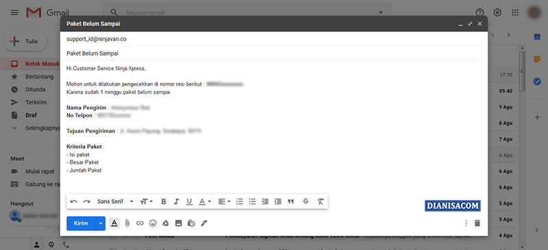 Komplain Email Ninja Xpress