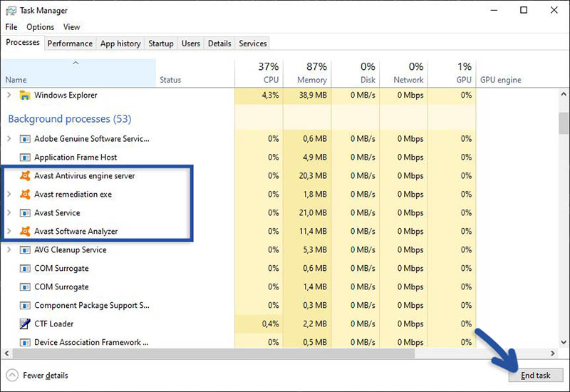 Lakukan End Task Avast Windows