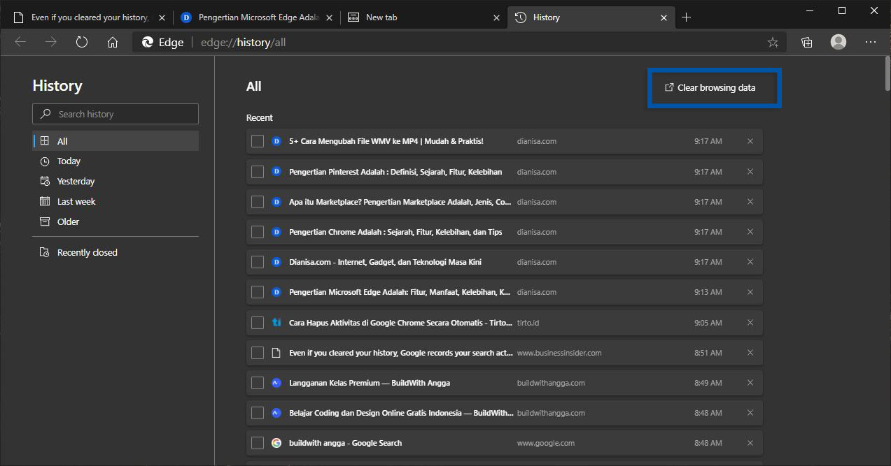 3 Menghapus History Microsoft Edge