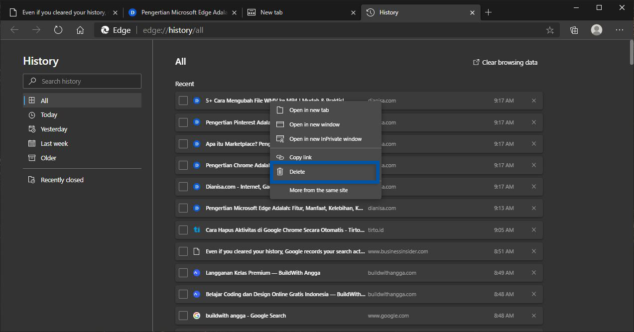 6 Menghapus History Microsoft Edge