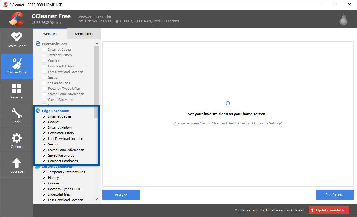 Menghapus History Microsoft Edge CCleaner