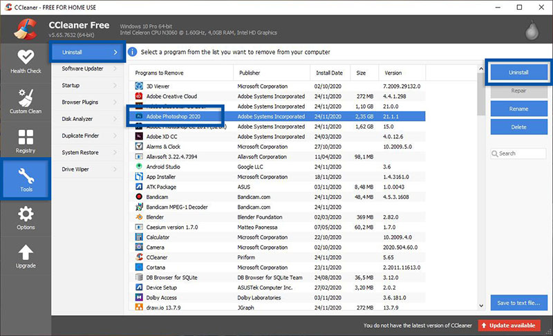 Uninstall program Windows menggunakan CCleaner