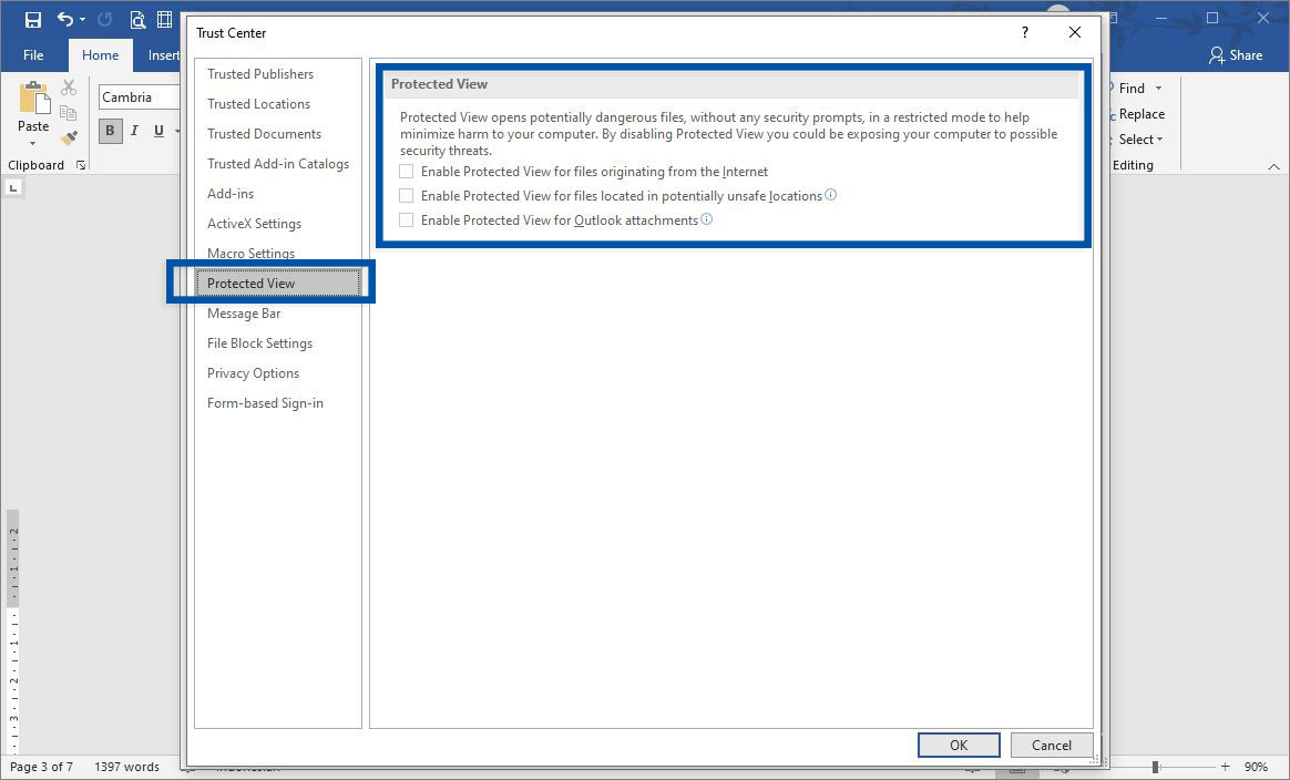 Disable Protected View Microsoft Word