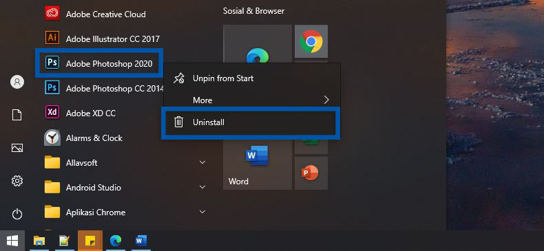 Uninstall Aplikasi lewat Start Windows