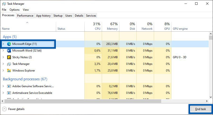 Tutup Microsoft Edge Task Manager
