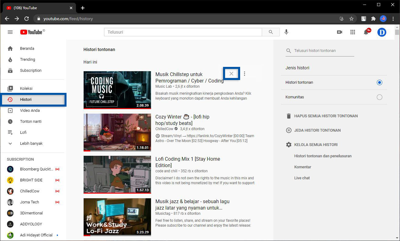 Klik X untuk menghapus tontonan YouTube