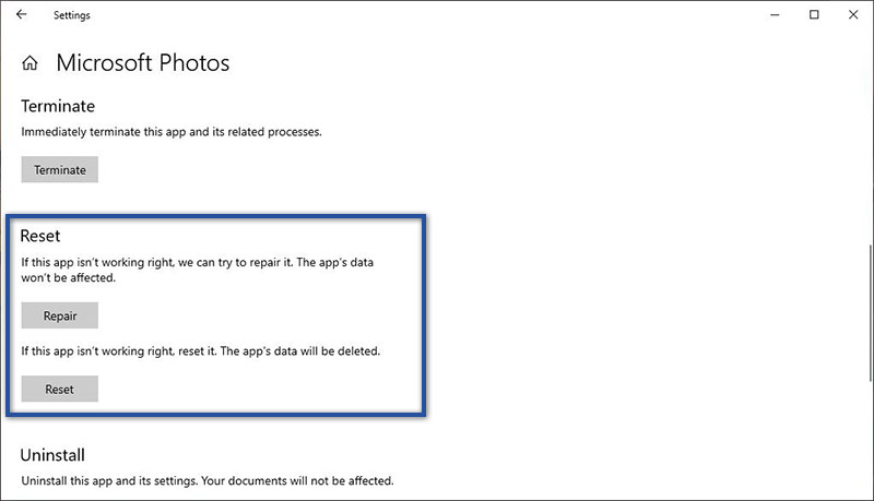 Reset Aplikasi Photos