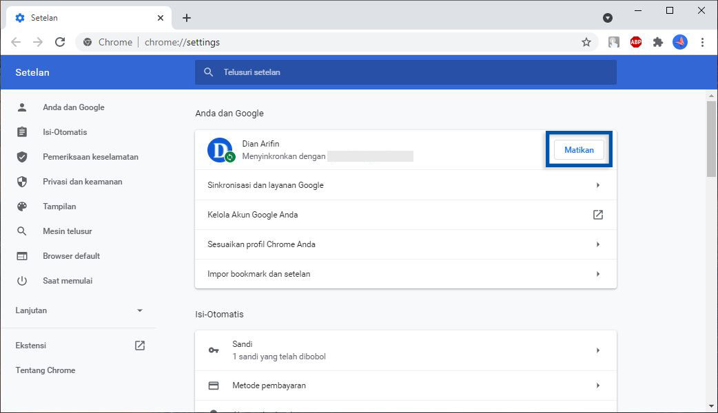 2 Matikan Sinkronisasi Google Chrome