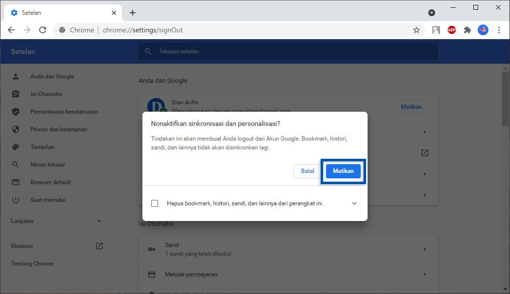 3 Konfirmasi Matikan Sinkronisasi Google Chrome