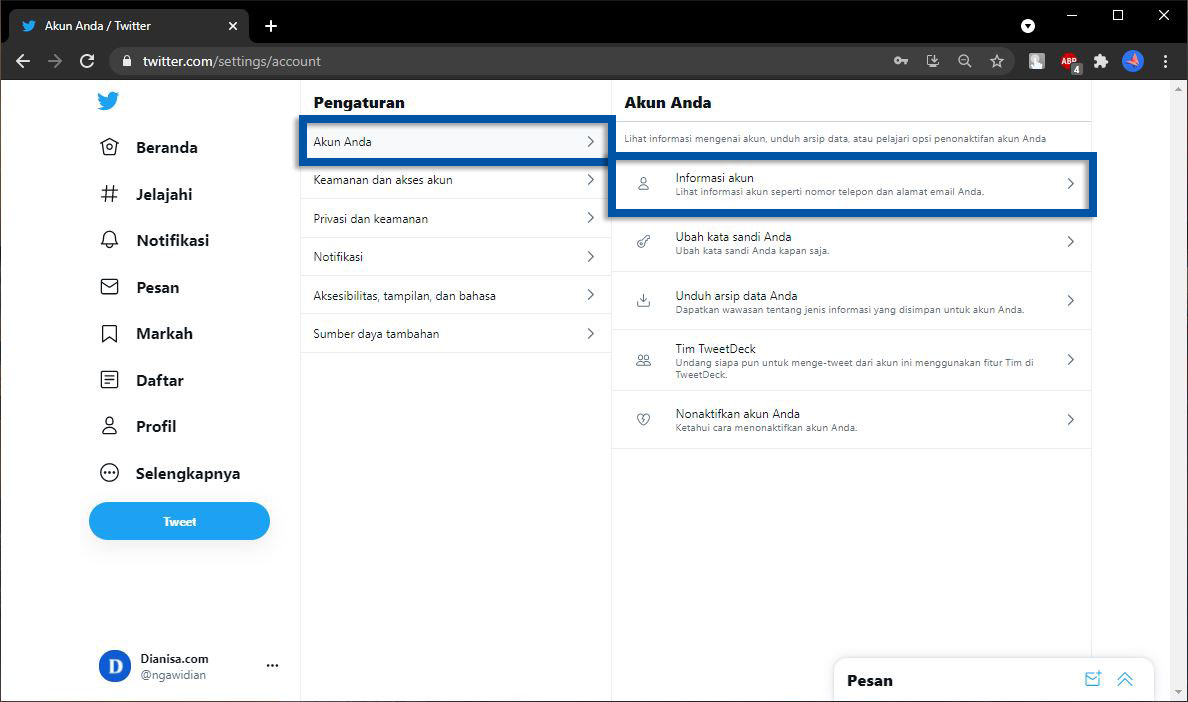 3 Pilih Informasi Akun Twitter