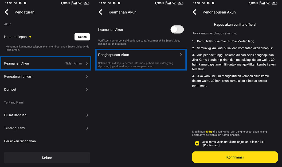Menghapus Akun Snack Video Android