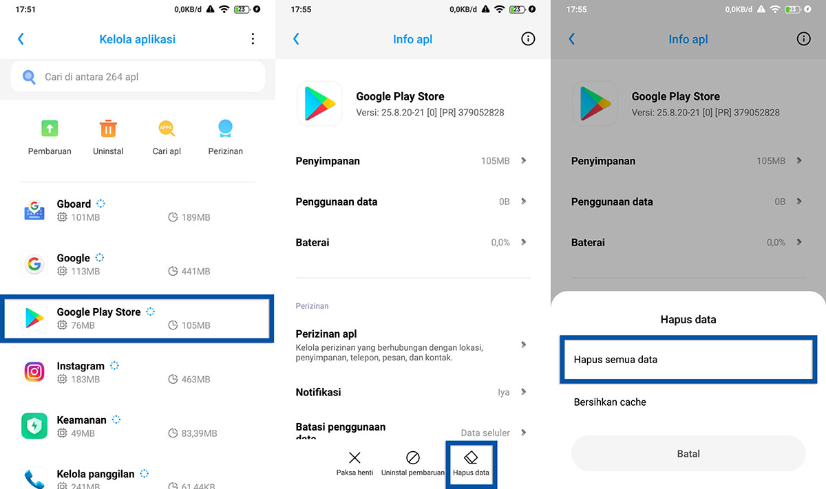 Hapus data Google Play Store