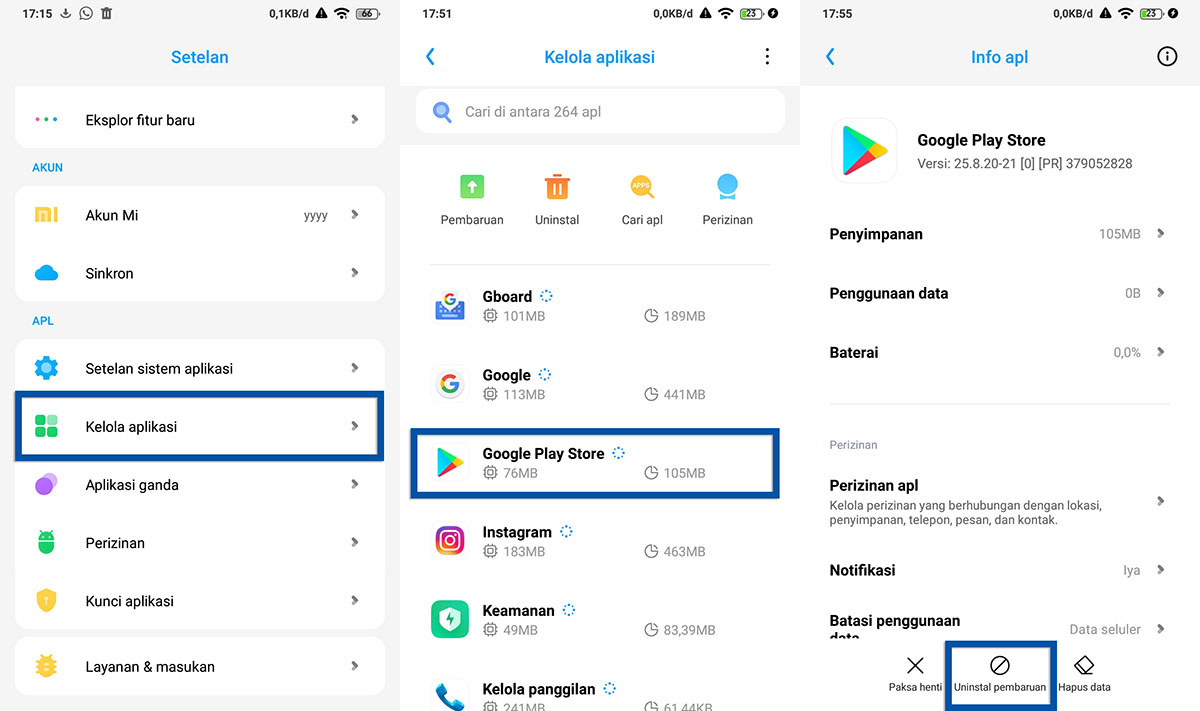 Uninstall pembaruan Google Play Store