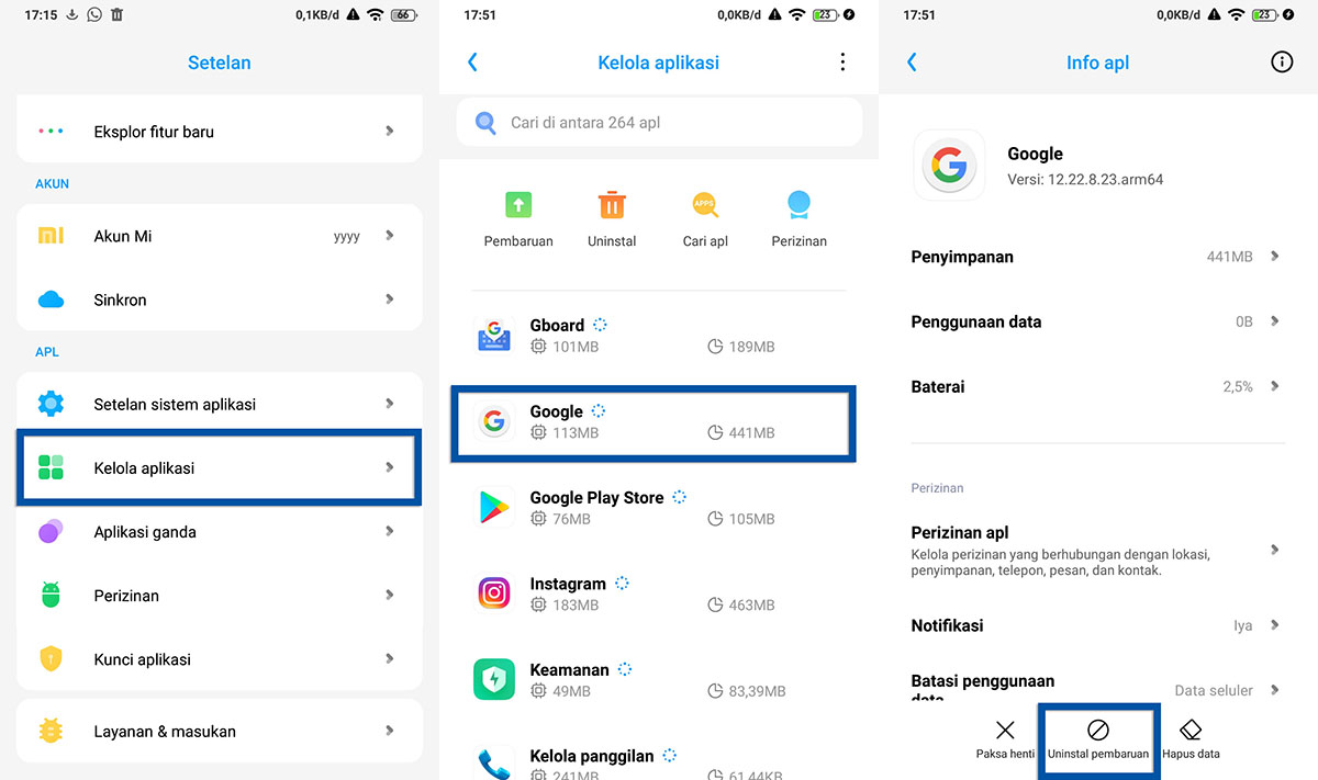 Uninstall pembaruan Google