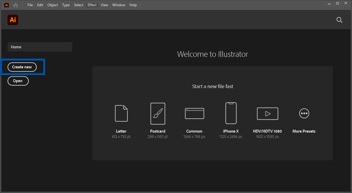 1 Klik Create Adobe Illustrator