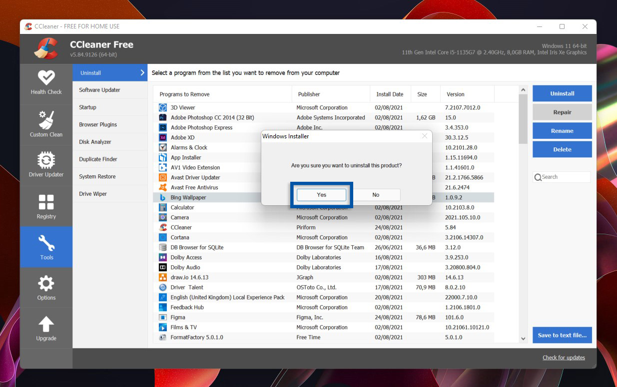 2 Hapus aplikasi di CCleaner Windows